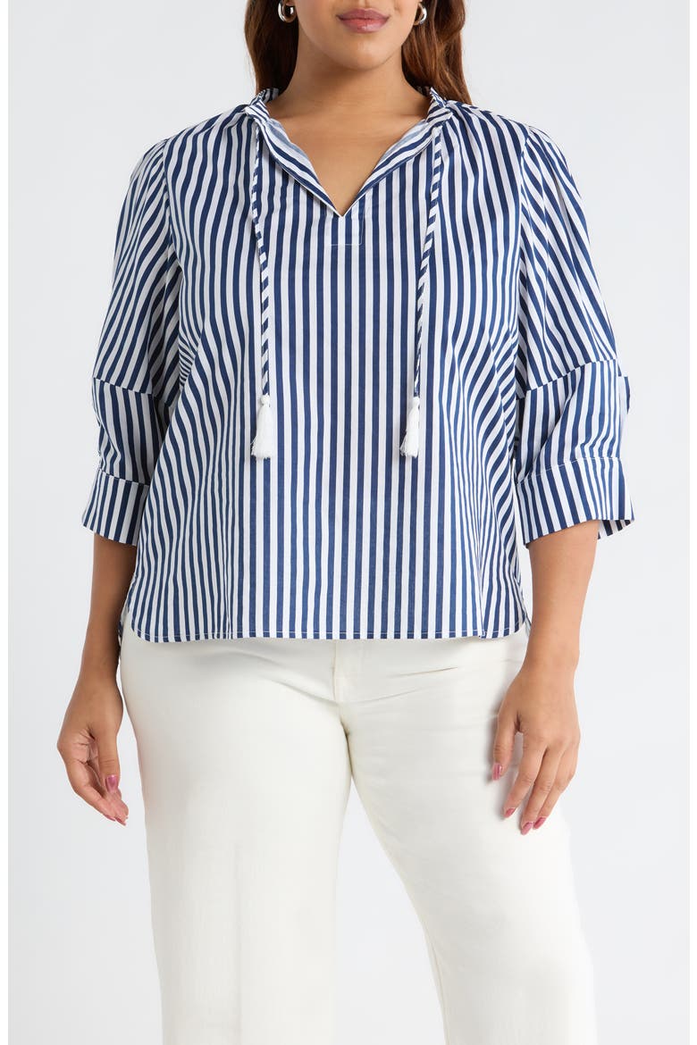 Glenda Stripe Irina Tie Split Neck Top, Main, color, NAVY-WHITE