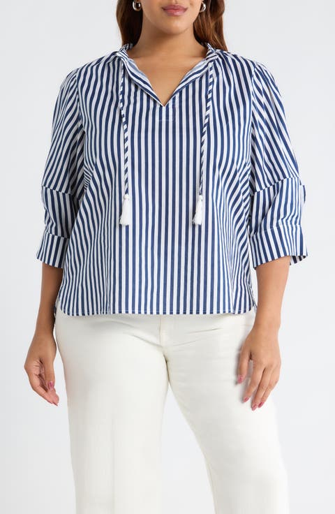 Glenda Stripe Irina Tie Split Neck Top (Plus)