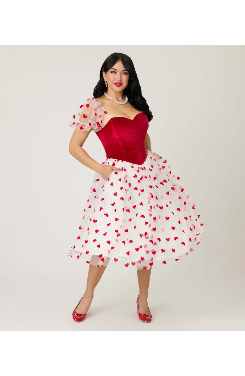 Unique Vintage Loving You Swing Dress, Main, color, White W/ Red Hearts