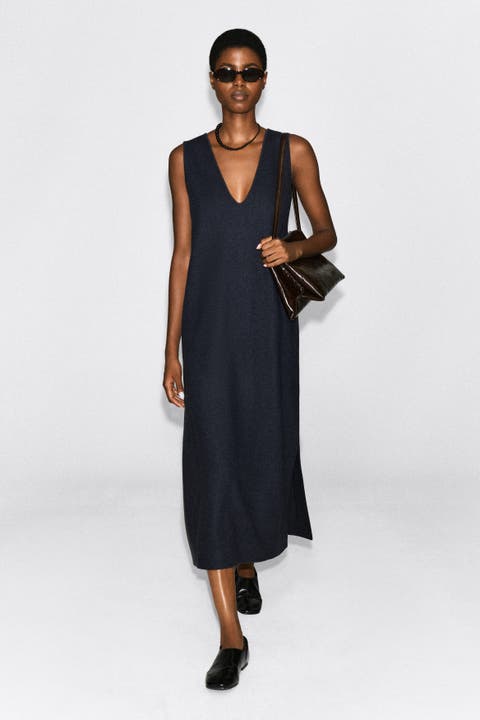 Boiled Wool-Blend V-Neck Midi Dress