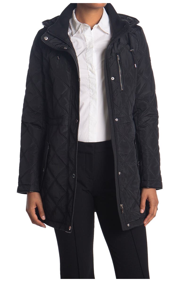 DKNY Cinch Waist Quilt Jacket with Hood, Main, color, 