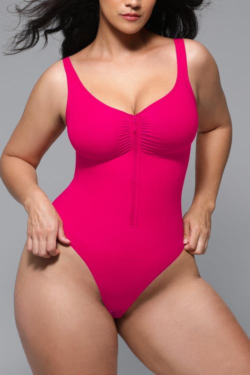 Shapellx Skin Flow Zipper Front Thong Bodysuit In Pink