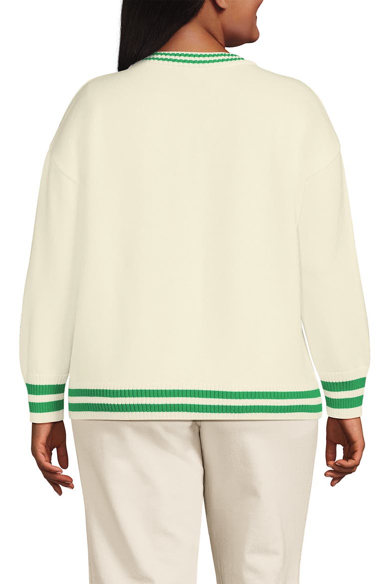 Plus Size Drifter Varsity Vneck Sweater with Crest, Alternate, color, Fresh Ivory/Clover Tip