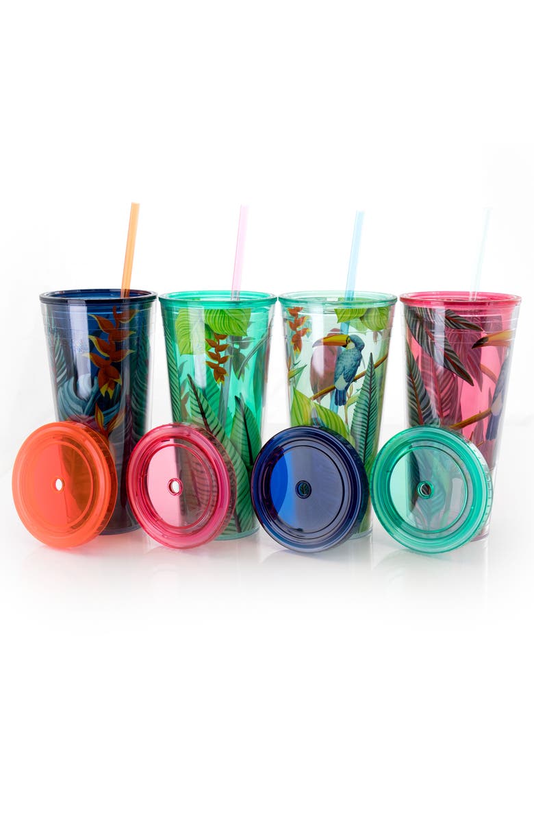Gibson Home Tropical Bird 4 Piece 23.6 Ounce Double Wall Tumbler Set with Straw, Alternate, color, Clear