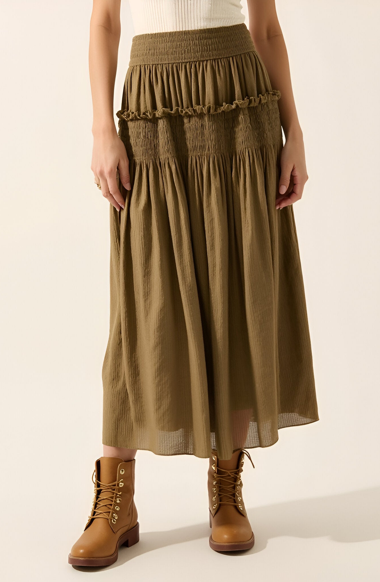 Modenaire Smocked Tiered Ruffle-Trim Flowy Maxi Skirt, Main, color, Olive Green