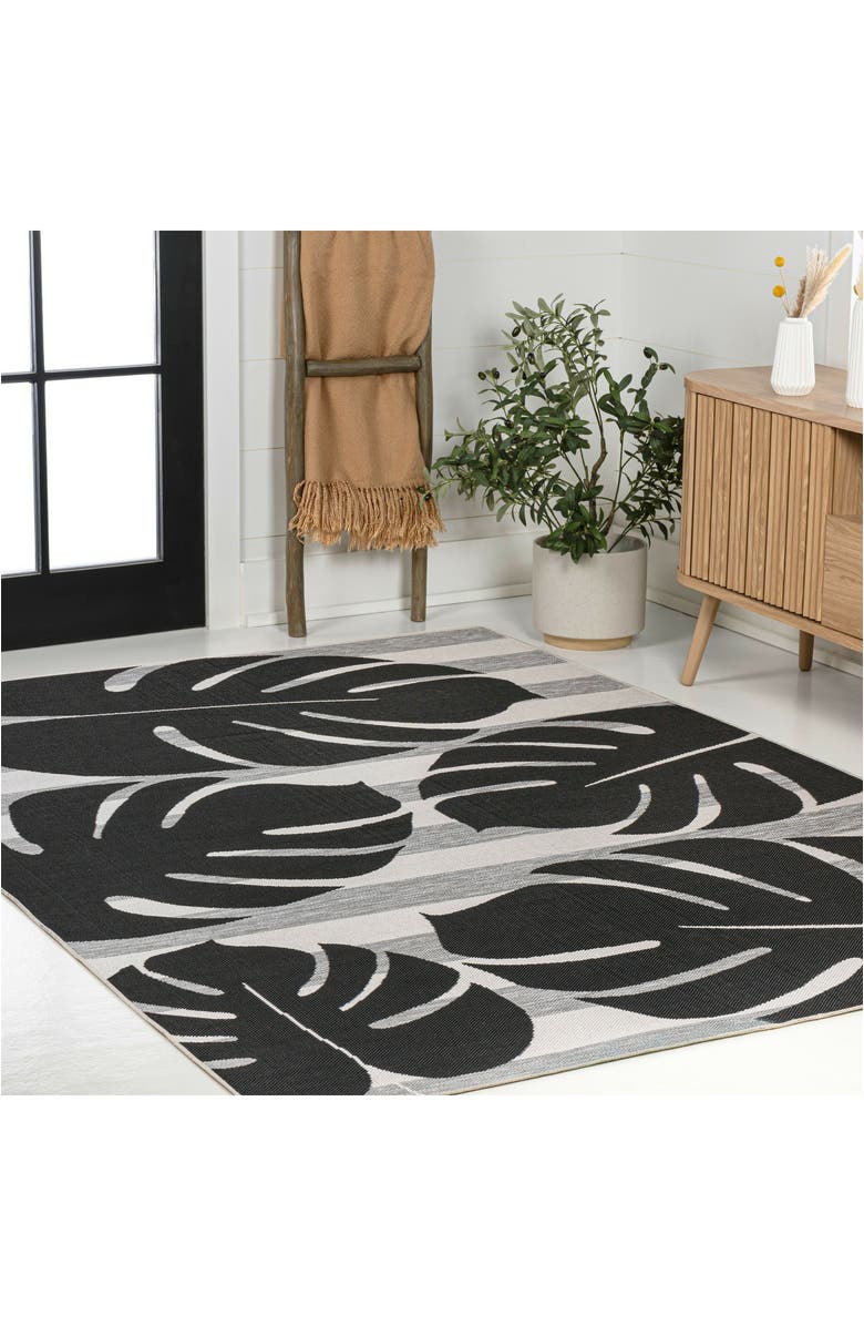 JONATHAN Y Allison Classic Beach Stripe and Monstera Leaf Indoor/Outdoor Area Rug, Alternate, color, Black/Gray