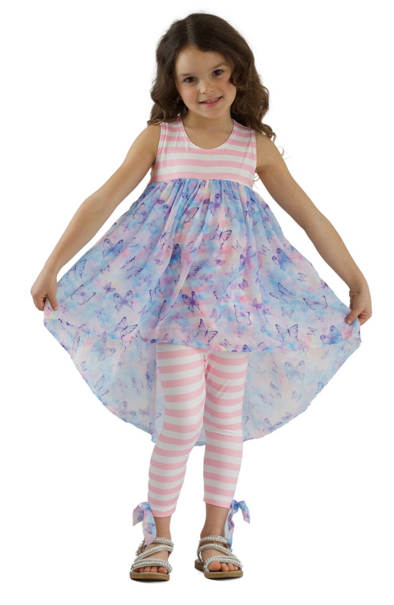 Mia Belle Girls Girls Beachy Butterflies Hi-Lo Tunic and Striped Legging Set, Main, color, 
