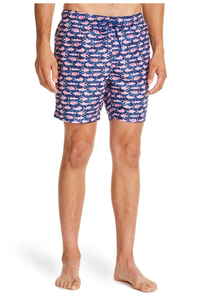CONSTRUCT Navy Pink Fish Print Swimming Trunks, Main, color,