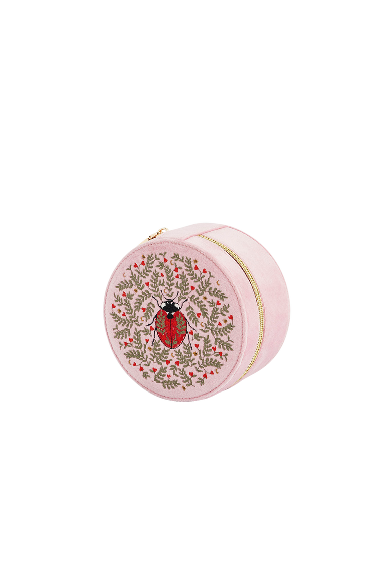 Ladybird Velvet Embroidered Circle Jewellery Box, Alternate, color, Light/Pastel Pink