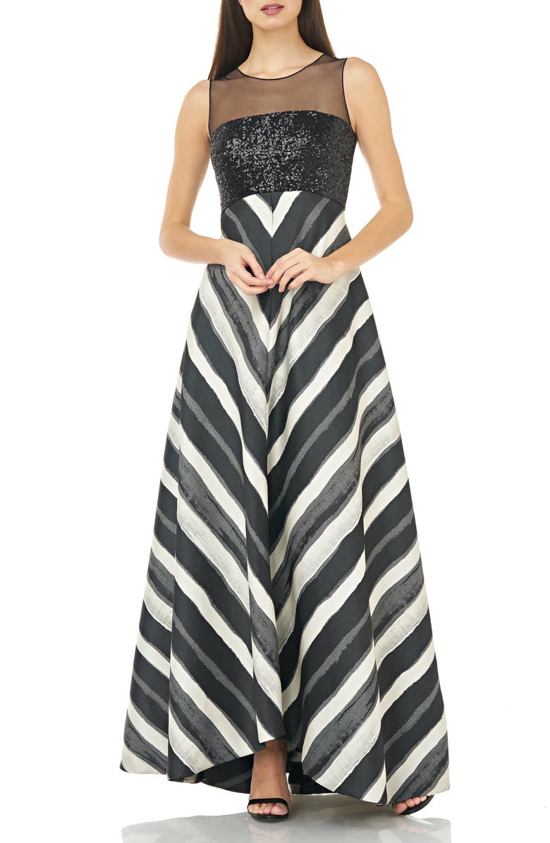 Carmen Marc Valvo Infusion Sequin & Stripe Ballgown, Main, color, 