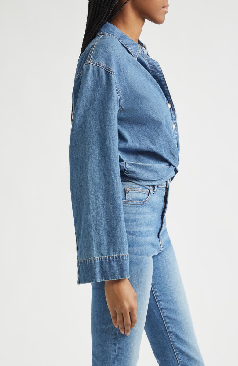 Veronica Beard Timothy Crop Twist Button-Up Denim Shirt, Alternate, color, Ripple Haze