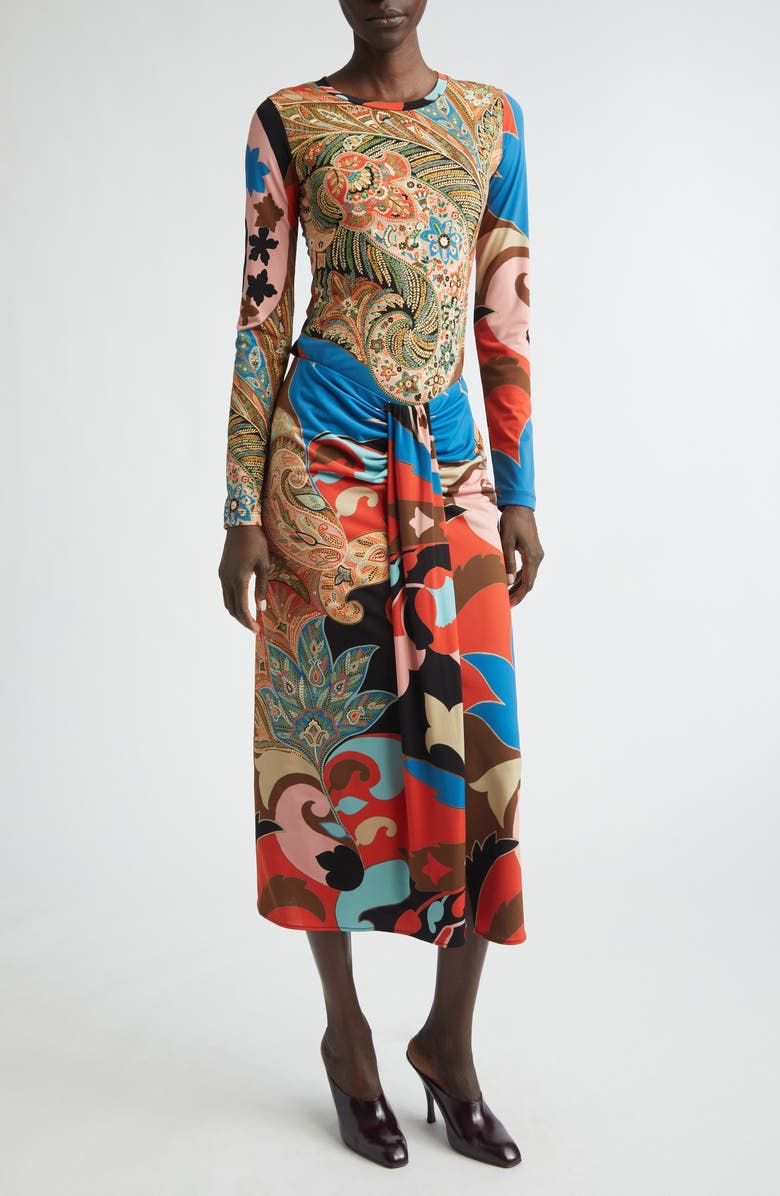 Etro Paisley Lotus Print Knot Front Midi Pencil Skirt, Alternate, color, Red