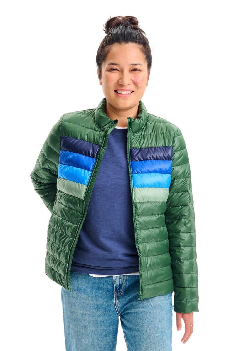 Primary Grown-Ups Puffer Jacket In Stripe, Alternate, color, Evergreen Placed Stripe