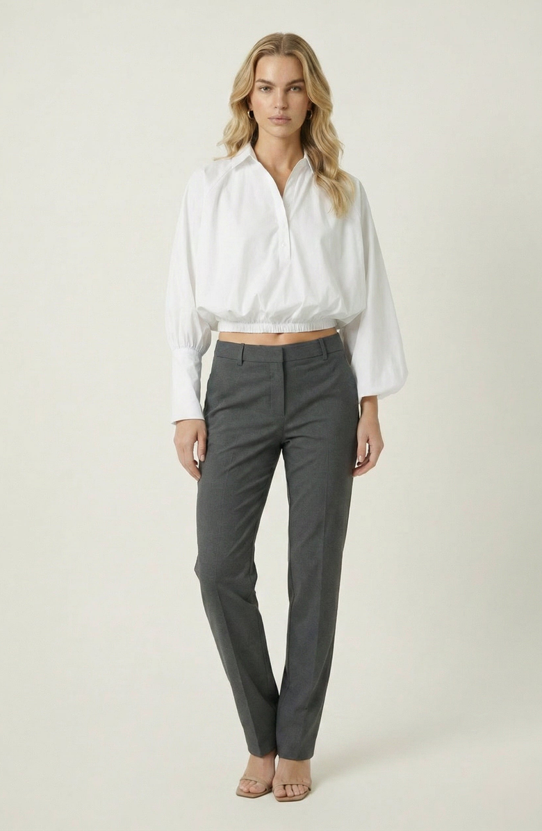 Modenaire Long Sleeve Cropped Elastic Hem Blouse, Alternate, color, White