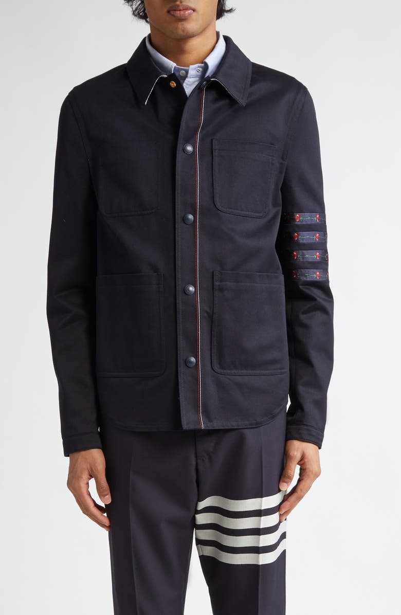 Thom Browne Rose Embroidered 4-Bar Cotton Shirt Jacket, Main, color, 