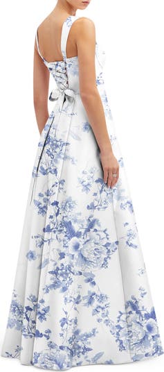 Floral Lace Up A-Line Gown