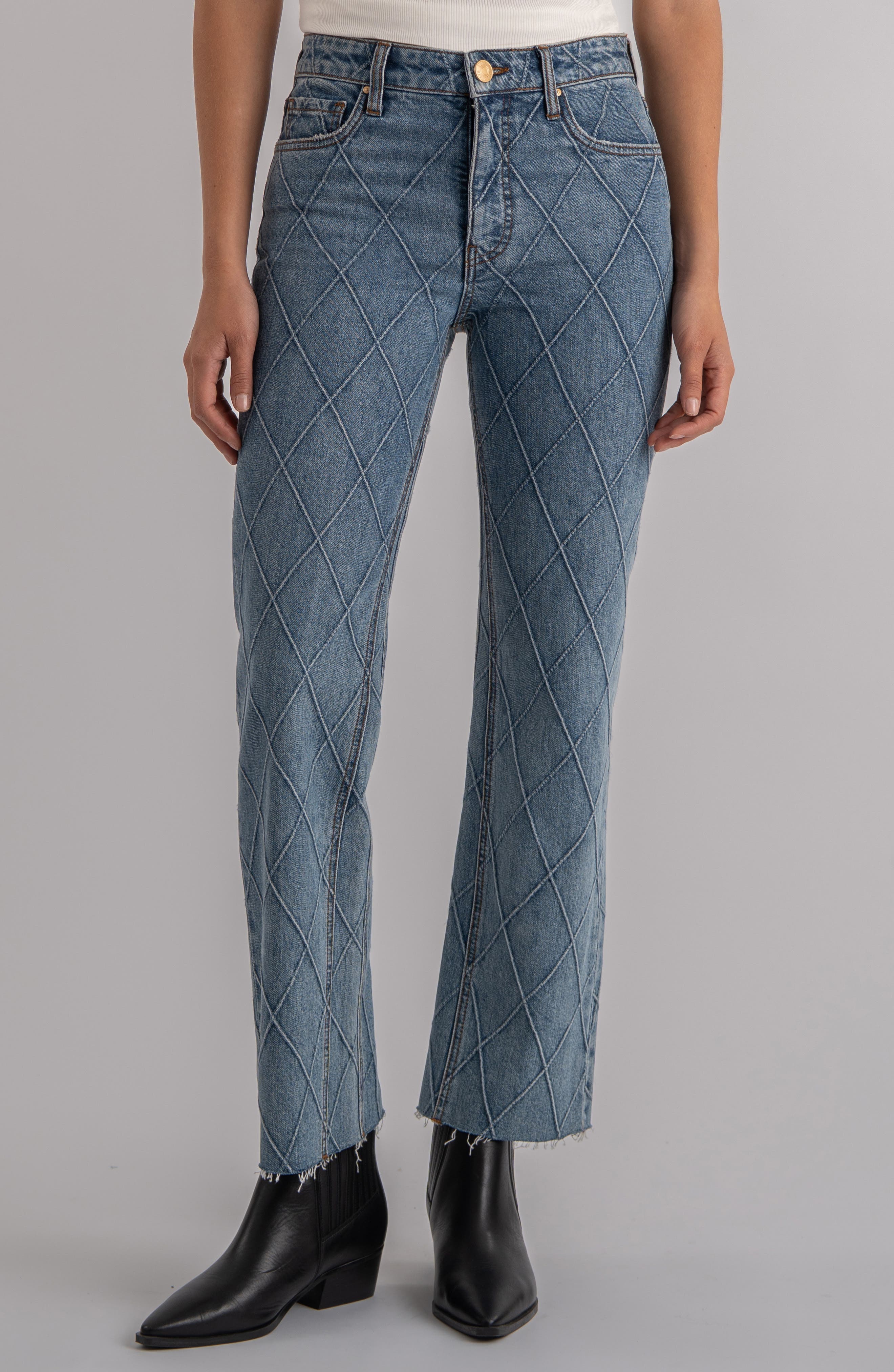 KUT from the Kloth Kelsey Fab Ab Diamond Print Raw Hem Ankle Flare Jeans