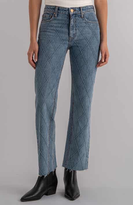 KUT from the Kloth Kelsey Fab Ab Diamond Print Raw Hem Ankle Flare Jeans