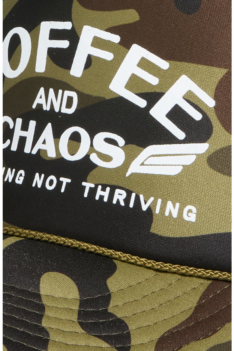 Coffee & Chaos Patch Trucker Hat, Alternate, color, CAMO