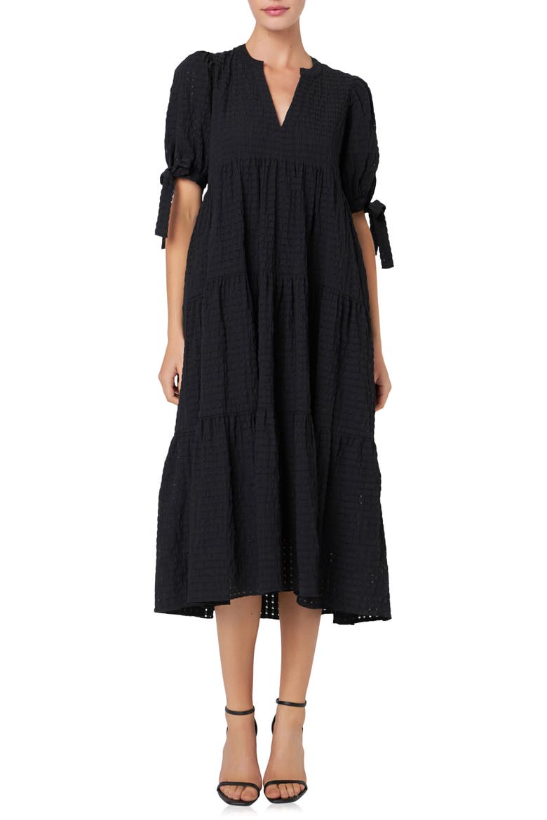 Gingham Tiered Midi Dress, Main, color, BLACK