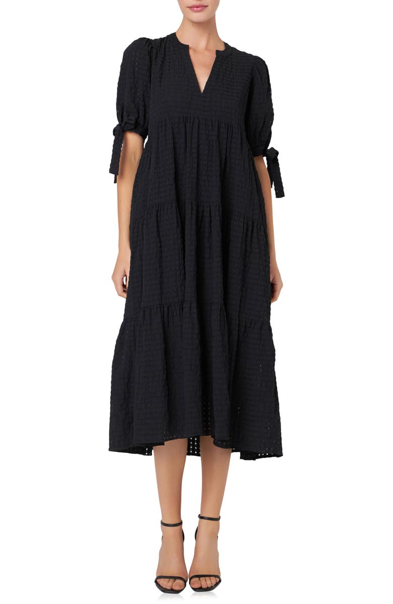 English Factory Gingham Tiered Midi Dress, Main, color, Black
