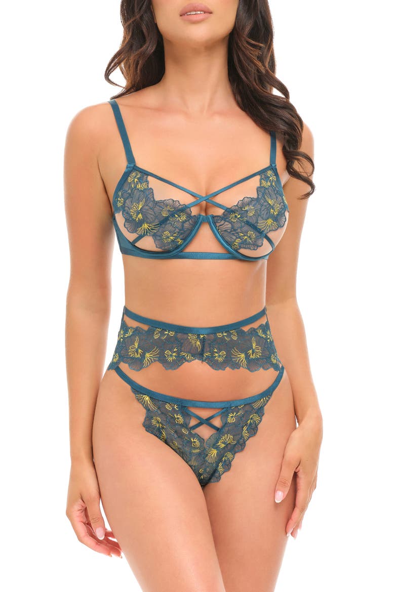 Daphne Embroidered Strappy Underwire Bra, Garter Belt & Briefs Set, Main, color, CHERI BLOSSOM/ MEDITERRANEA