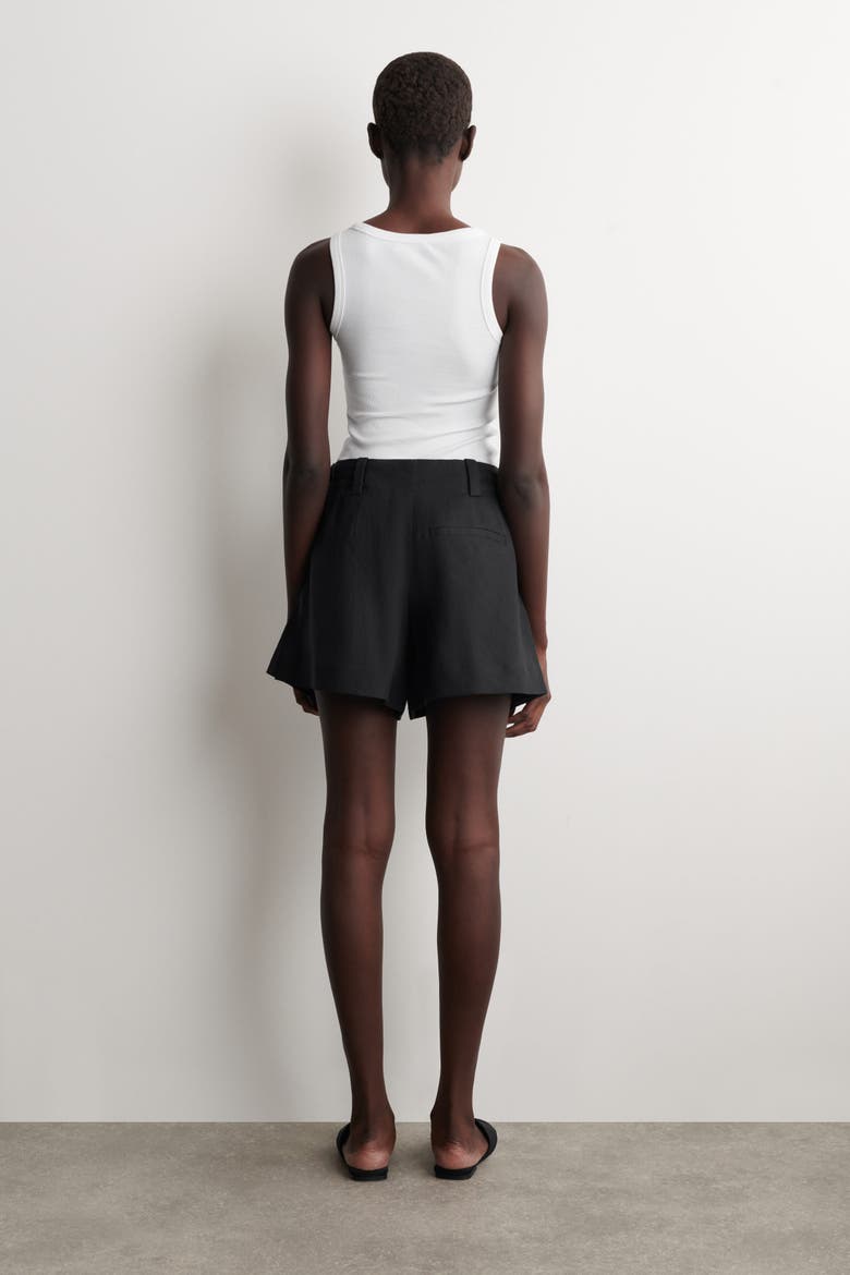 Pleated Belted Linen Shorts, Alternate, color, BLACK