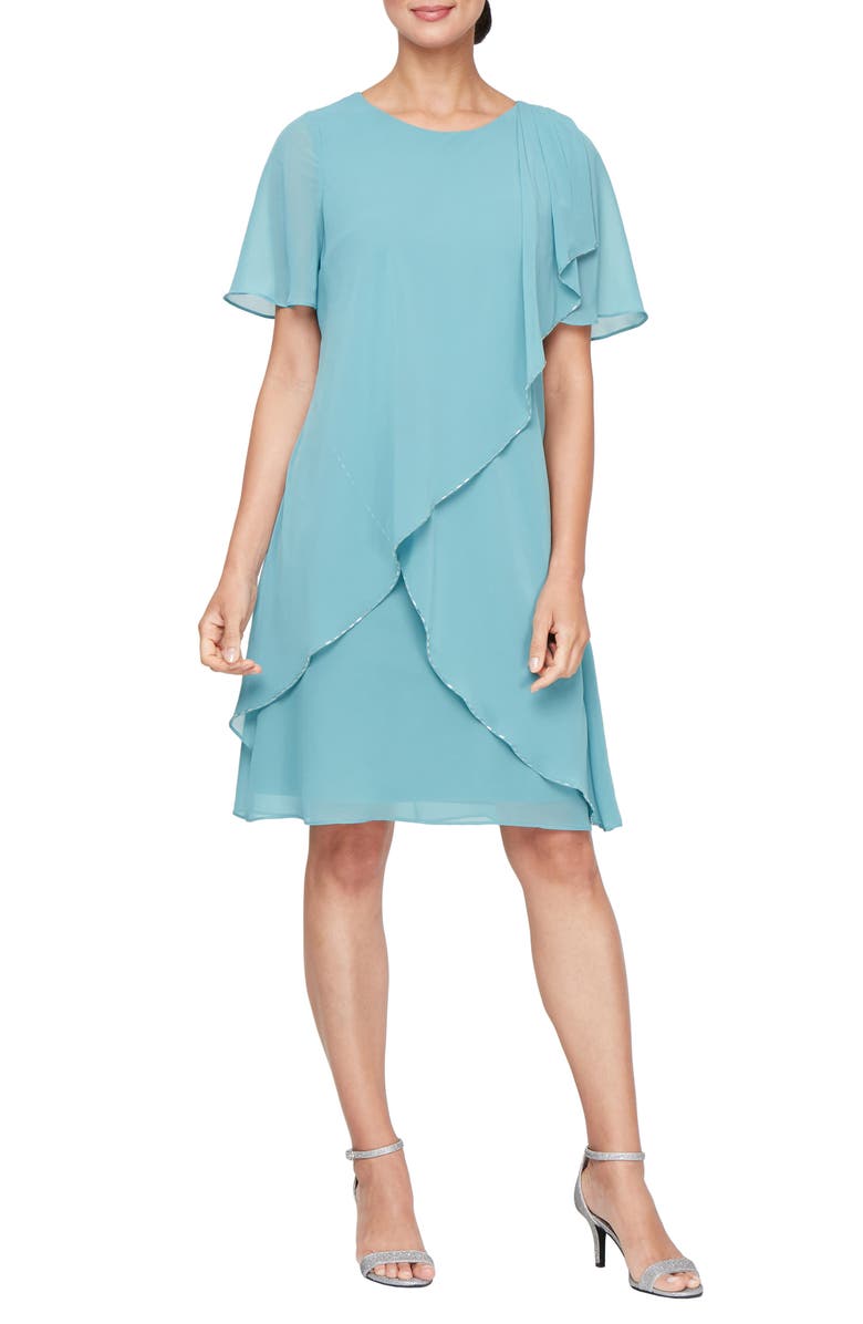 SL FASHIONS Bugle Capelet Cocktail Dress, Main, color, Sea