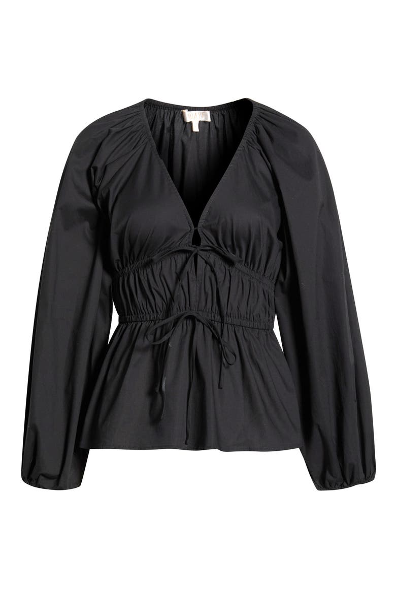 Jess Drawstring Stretch Cotton Poplin Top, Alternate, color, BLACK