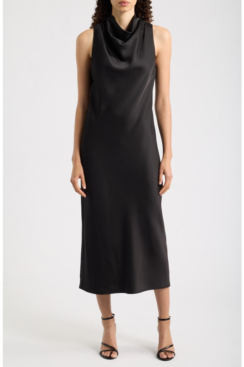 Drape Neck Satin Maxi Dress, Main, color, BLACK