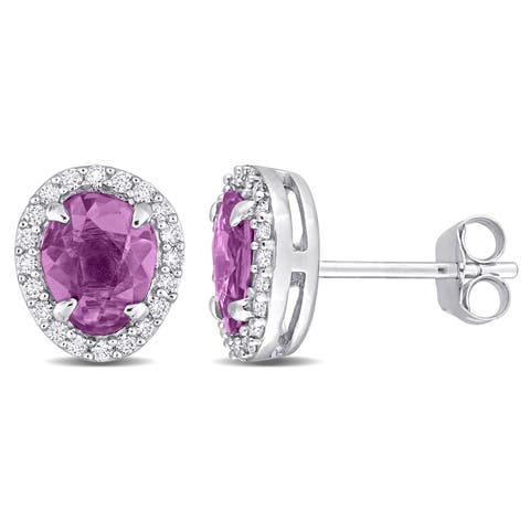 Purple Sapphire & Diamond Halo Earrings 14K