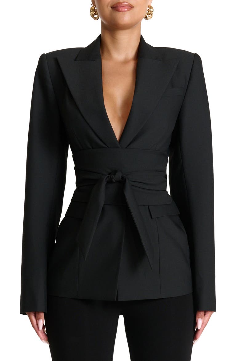 Power Shoulder Tie Waist Blazer, Main, color, BLACK