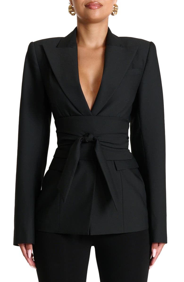 Power Shoulder Tie Waist Blazer
