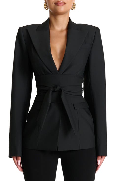 Power Shoulder Tie Waist Blazer