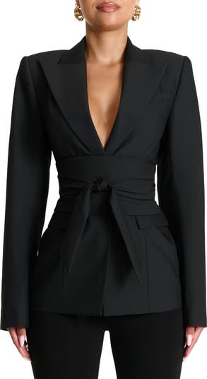 Power Shoulder Tie Waist Blazer