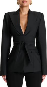 Naked Wardrobe Power Shoulder Tie Waist Blazer