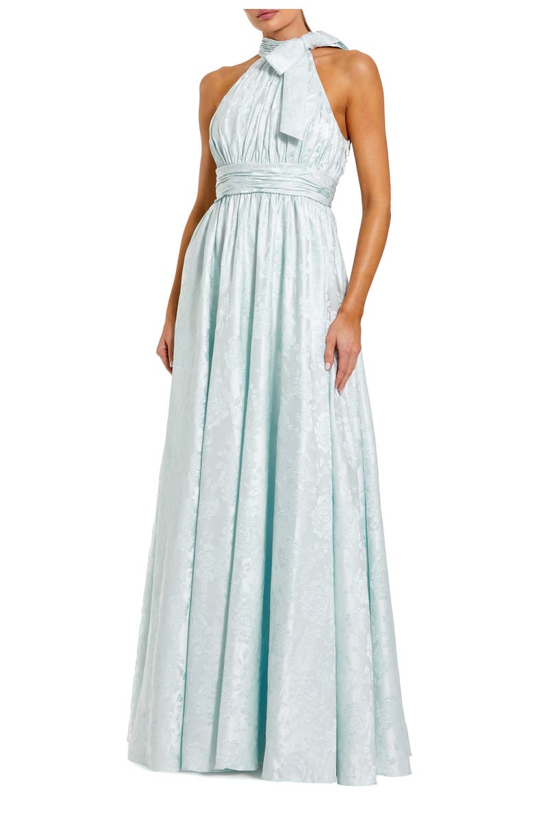 Mac Duggal Sleeveless Halter Neck Brocade Gown With Bow Detail, Main, color, Powder Blue