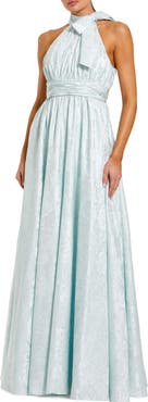 Mac Duggal Sleeveless Halter Neck Brocade Gown With Bow Detail