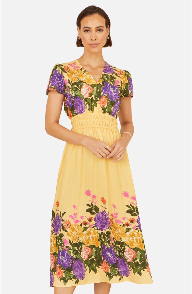 Yumi Floral Mirror Print Viscose Midi Dress, Alternate, color, Butter Yellow