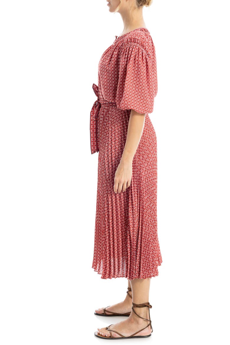Floral Pleated Crepe Midi Dress, Alternate, color, SCARLET/ NAVY JACK STAMP PANEL