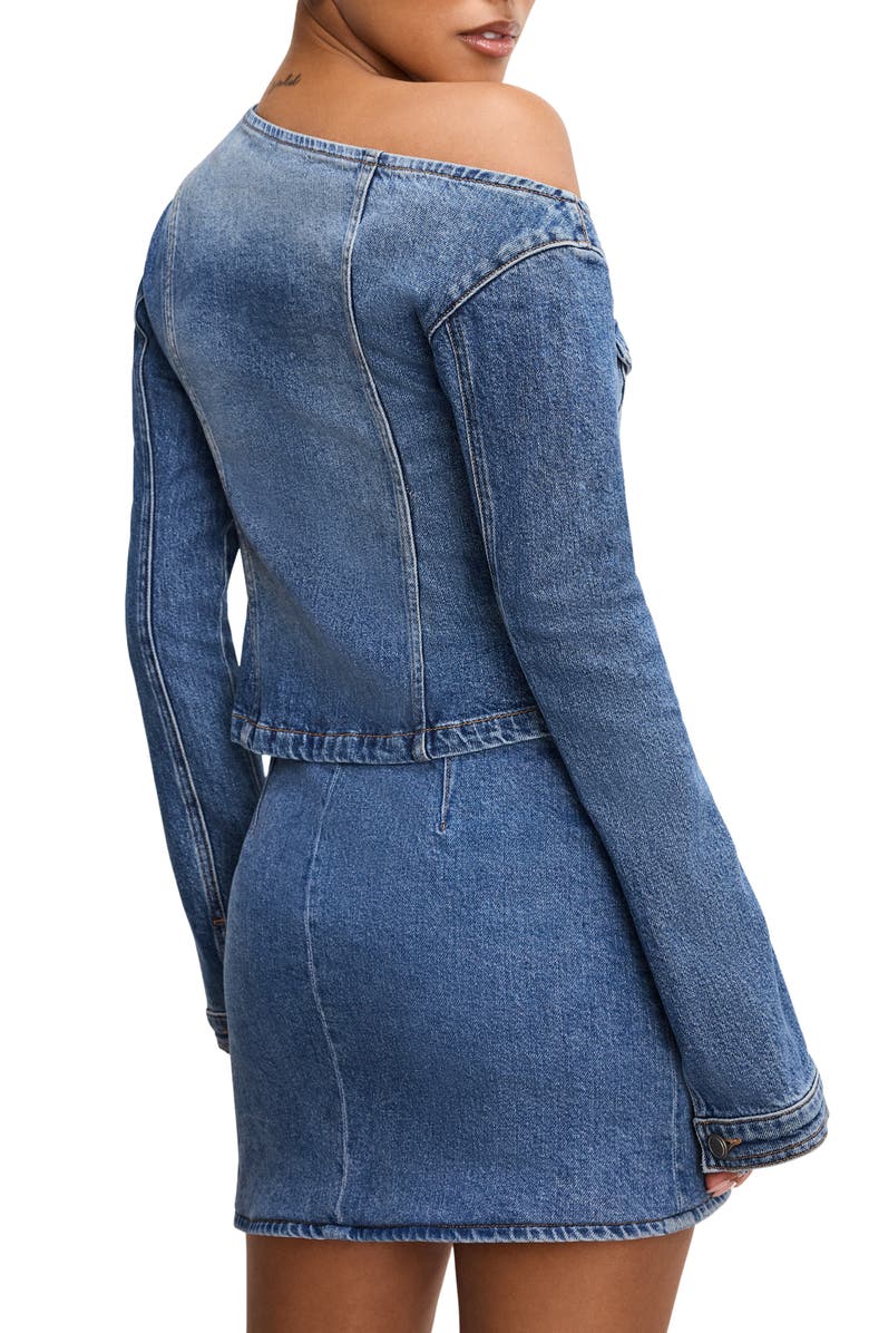 Good American One-Shoulder Cutaway Denim Shirt, Alternate, color, Indigo771