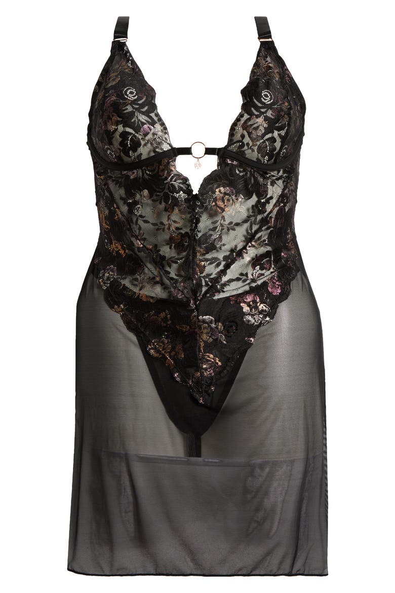 Babydoll Chemise & Thong Set, Alternate, color, BLACK