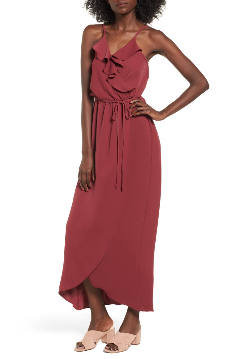Ruffle Wrap Maxi Dress, Main, color, ROSEWOOD