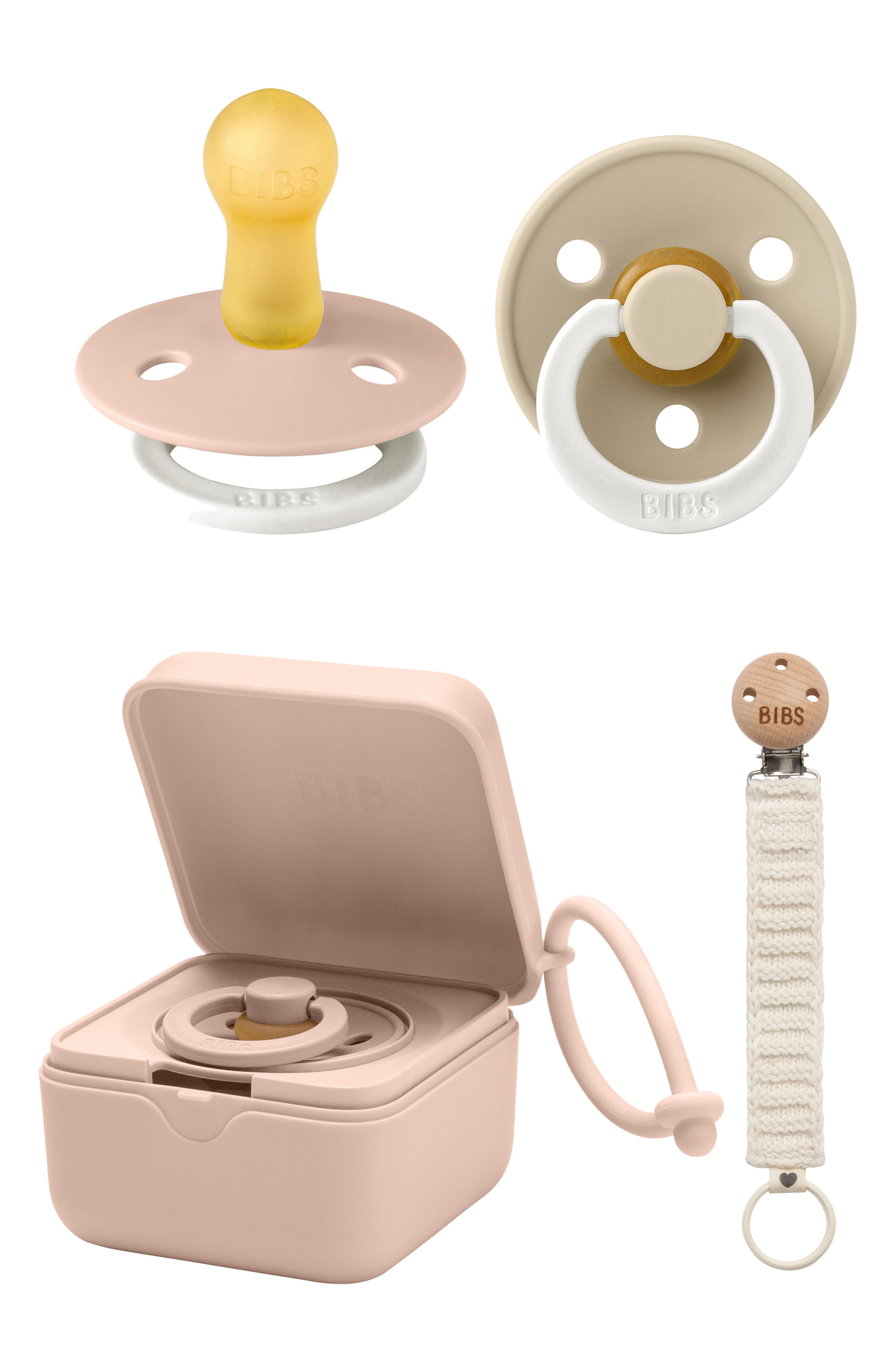 BIBS Pacifer, Pacifier Box & Pacifier Clip Set in Blush/Ivory 