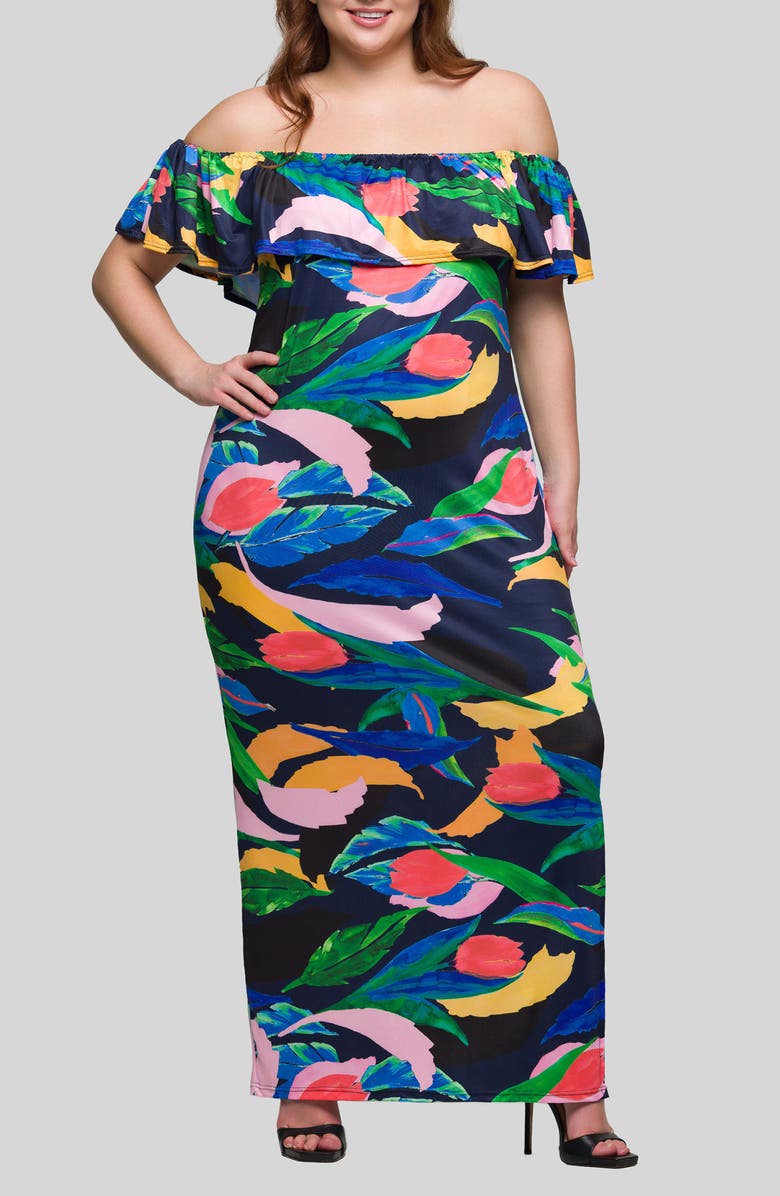 24seven Comfort Apparel Floral Off the Shoulder Knit Maxi Dress, Main, color, Green Multi