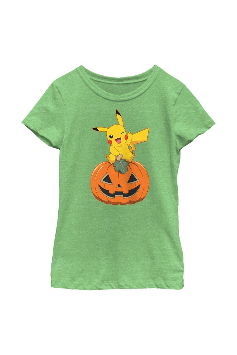Girl's Pokemon Halloween Pikachu Jack-O'-Lantern  Graphic T-Shirt, Main, color, Green Apple