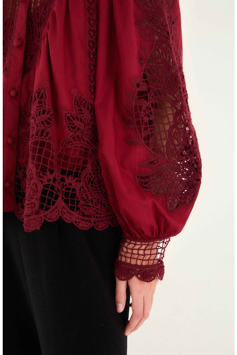 Guipure Lace Cotton Button-Up Shirt, Alternate, color, BURGUNDY