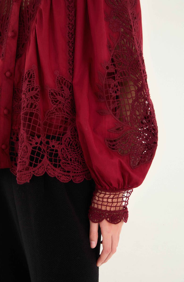 FARM Rio Guipure Lace Cotton Button-Up Shirt, Alternate, color, Burgundy