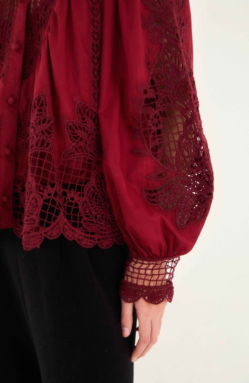 Farm Rio Guipure Lace Cotton Button-up Shirt In Red