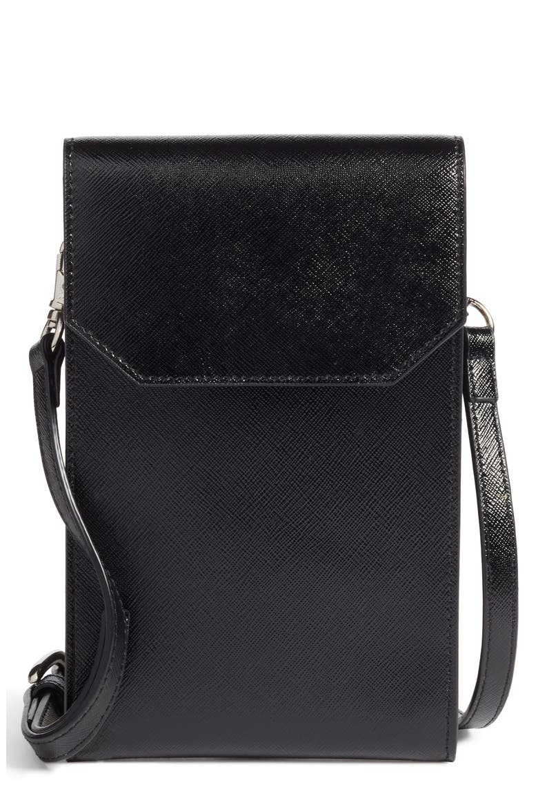 Leather Phone Crossbody Bag, Main, color, BLACK